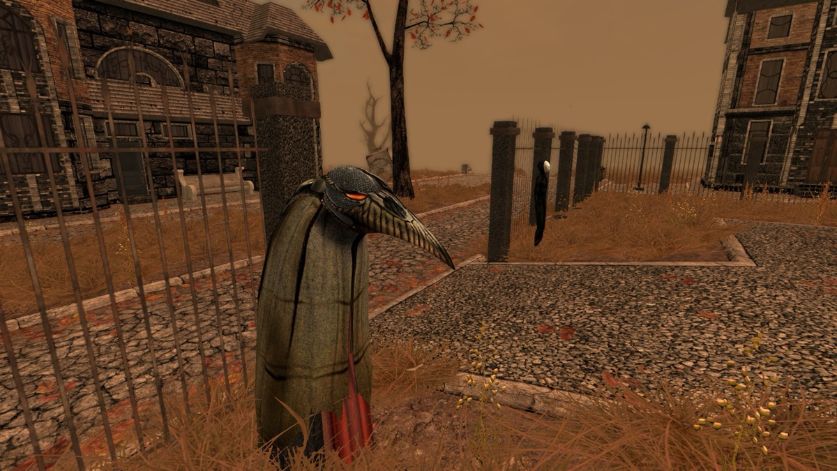 A plague doctor stands in an eerie town square in "Pathologic'
