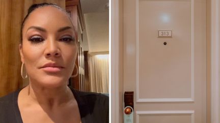 woman shares hotel issues (l) hotel room door (r)