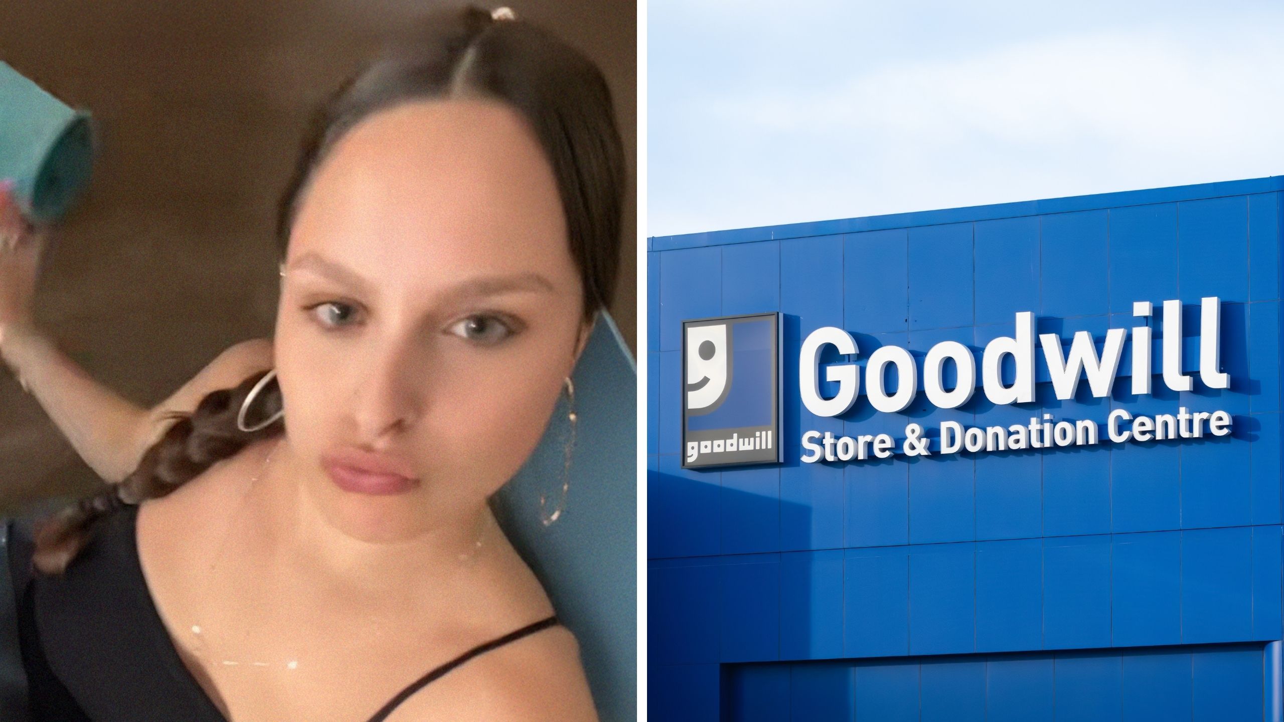 woman shares thrift experiences (l) goodwill store (r)