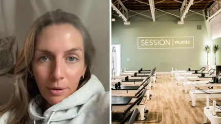 woman talks about pilates struggles (l) pilates studio (r)