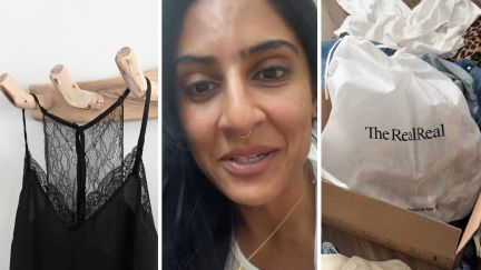 black dress (l) woman shows her new dress (c) The real real package (r)