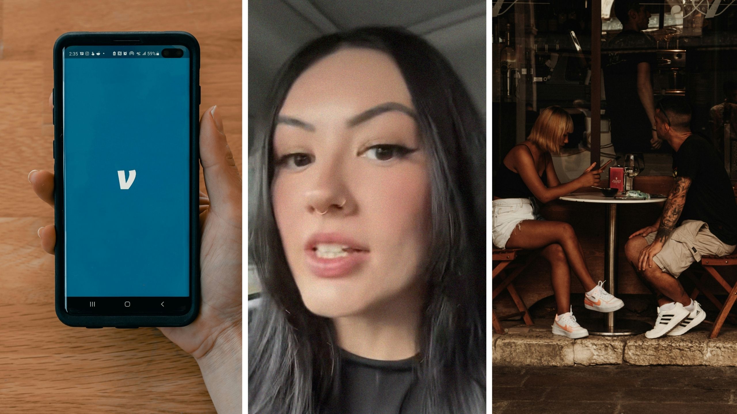 venmo app (l) woman shares job story (c) woman and man on a date (r)