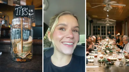 tip jar (l) waiter shares work experience (c) big family eating out (r)