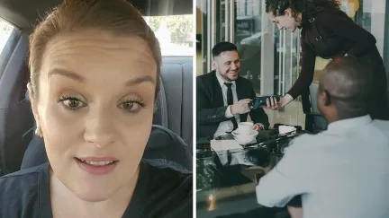 woman shares work experience (l) woman taking check to customers (r)