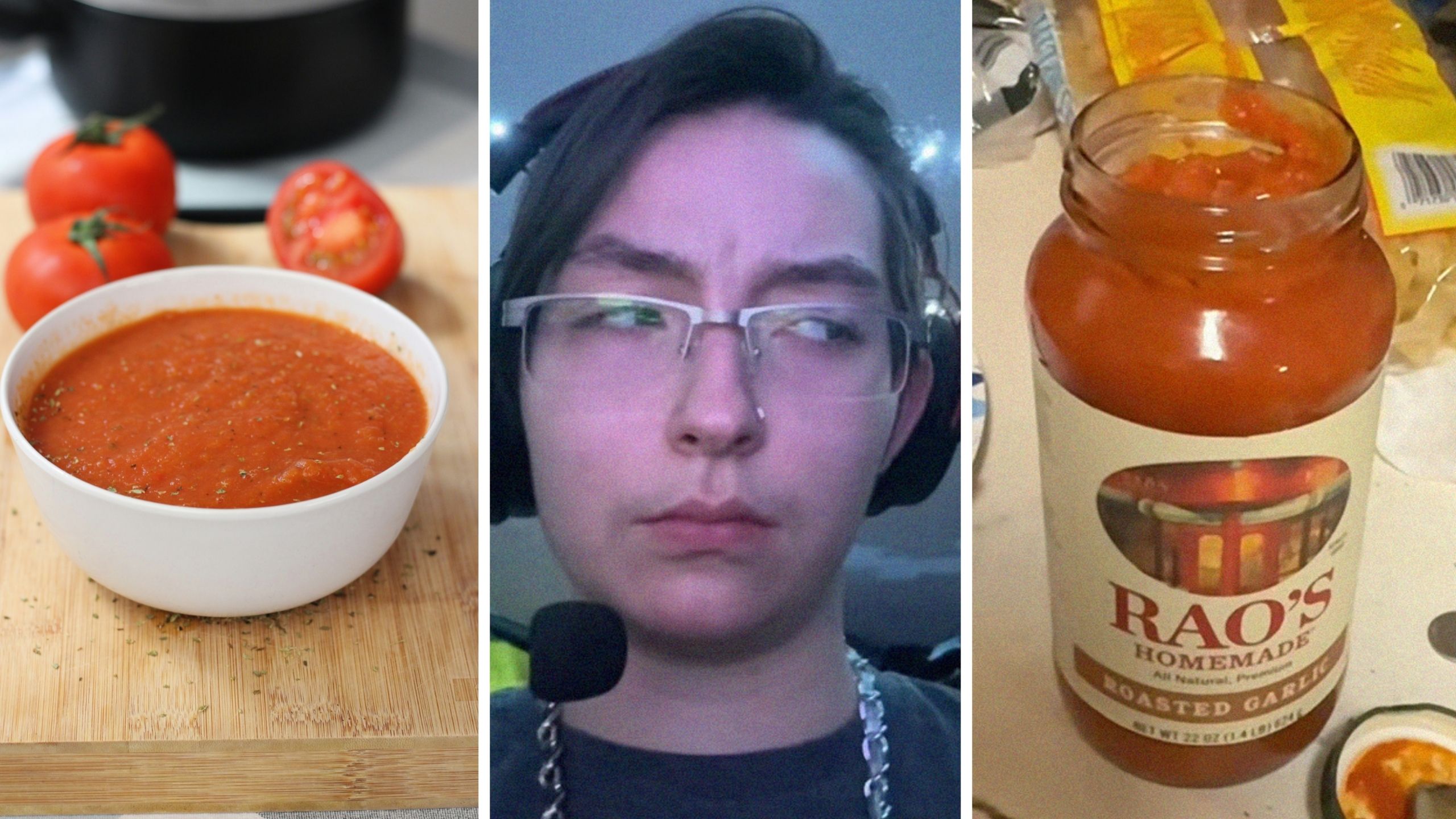 sauce in a bowl (l) woman shows her purchase (c) Rao's tomato sauce (r)