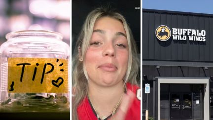 tipping jar (l) woman shares work experience (c) buffalo wild wings store front (r)