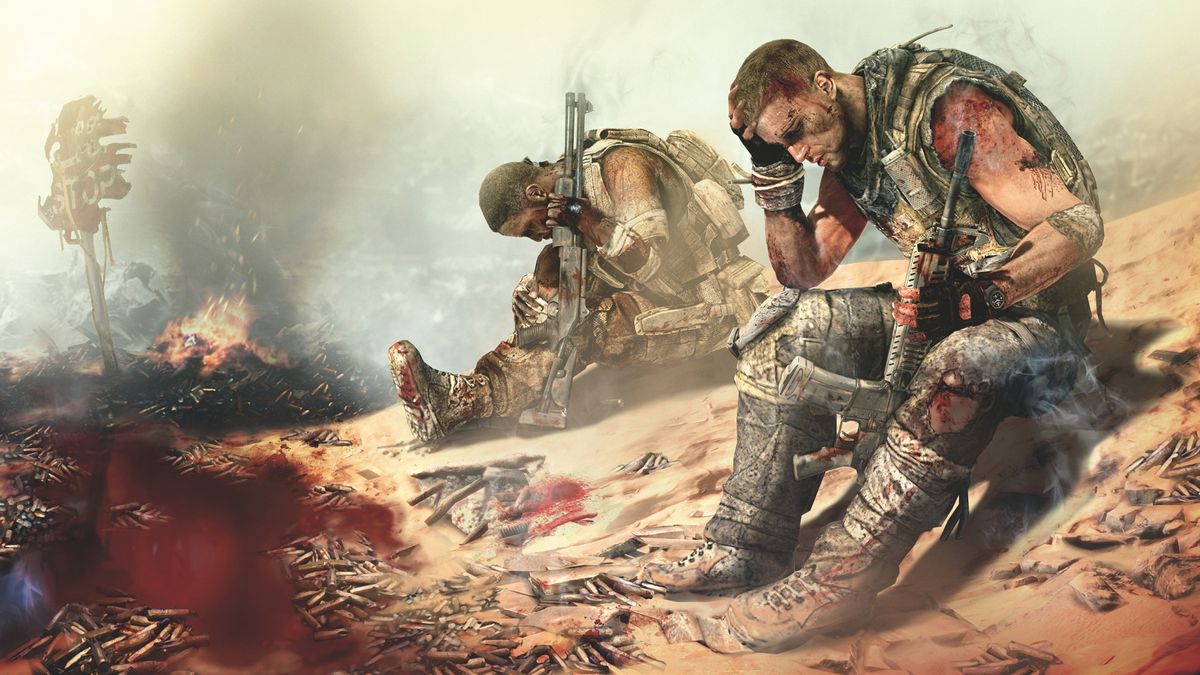 Two soldiers look devastated in the wreckage of the battlefield in "Spec Ops: The Line"