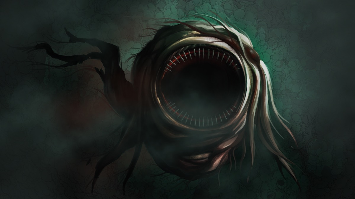 A sea monster opens its jaws beneath the sea in "Sunless Sea" 