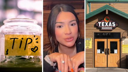 tipping jar (l) woman shares work experience (c) texas roadhouse exntrance (r)