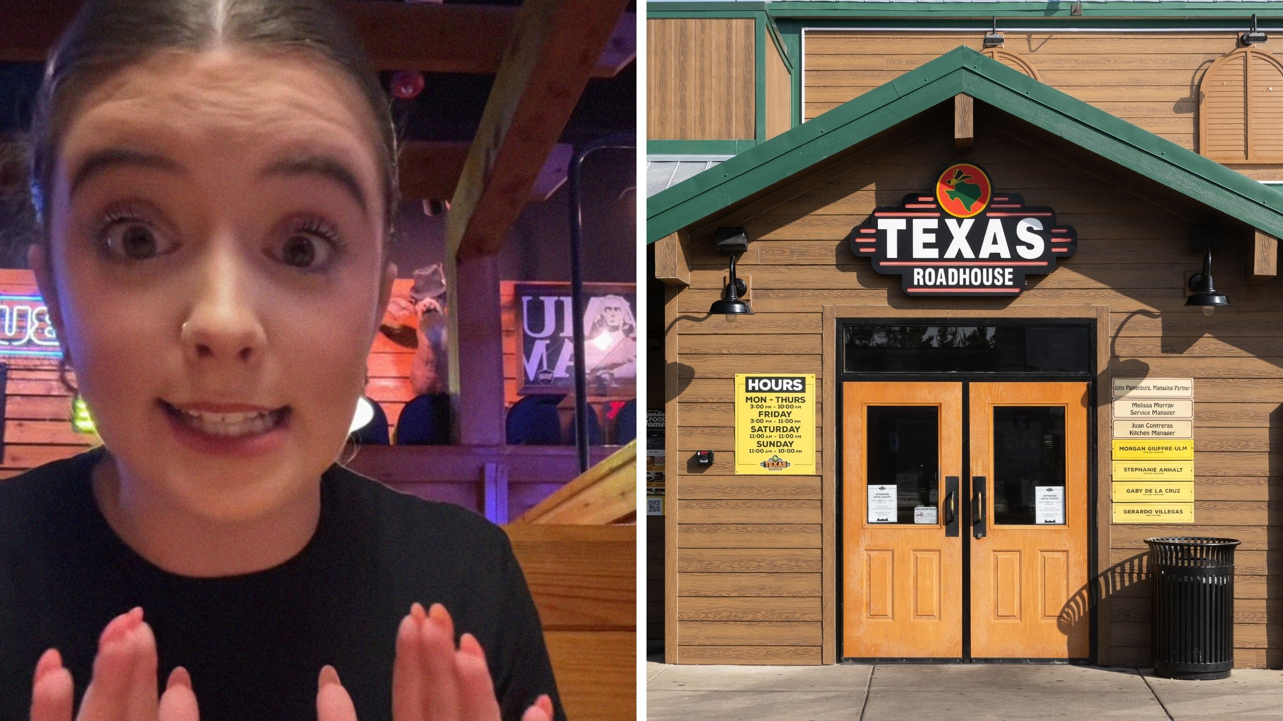 woman shares how much tip she makes (l) texas roadhouse (r)