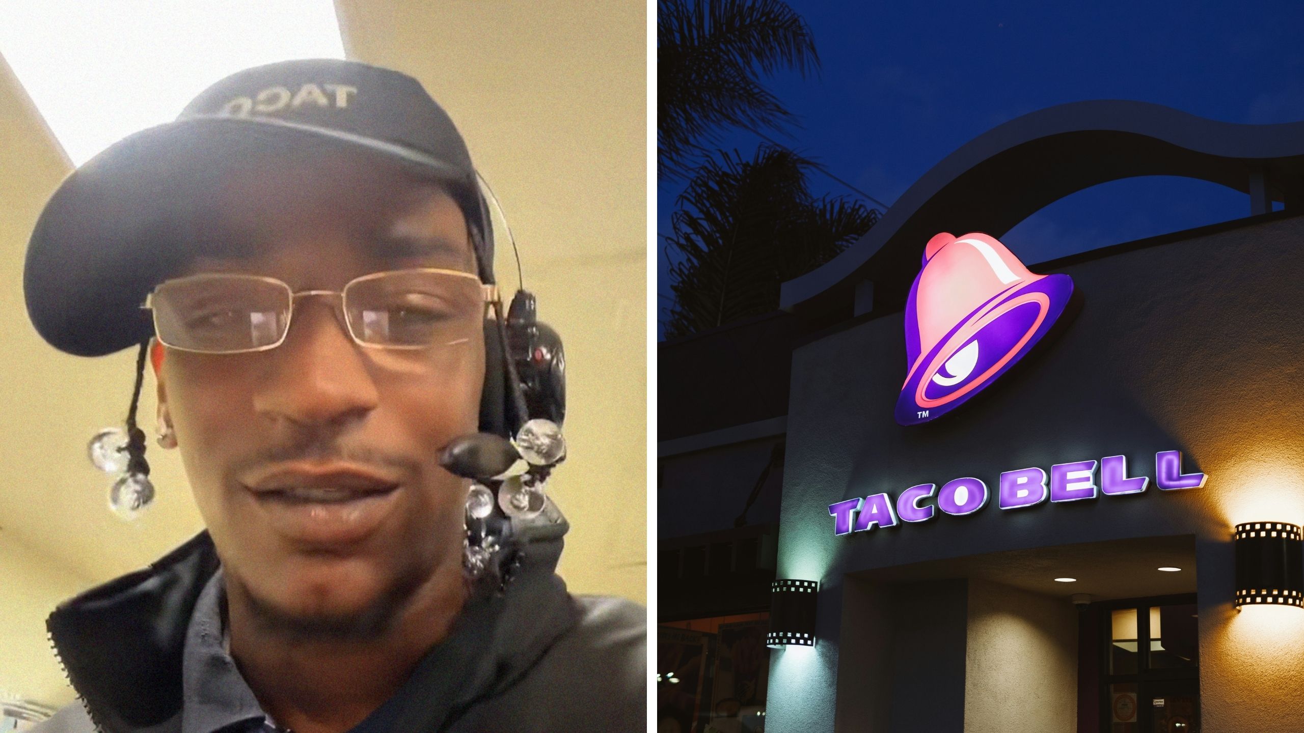 taco bell employee (l) taco bell store front (r)