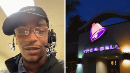 taco bell employee (l) taco bell store front (r)