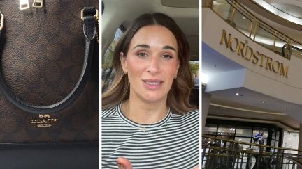 Coach logo on bag (l) woman shares online shopping issue (c) nordstrom store entrance (r)
