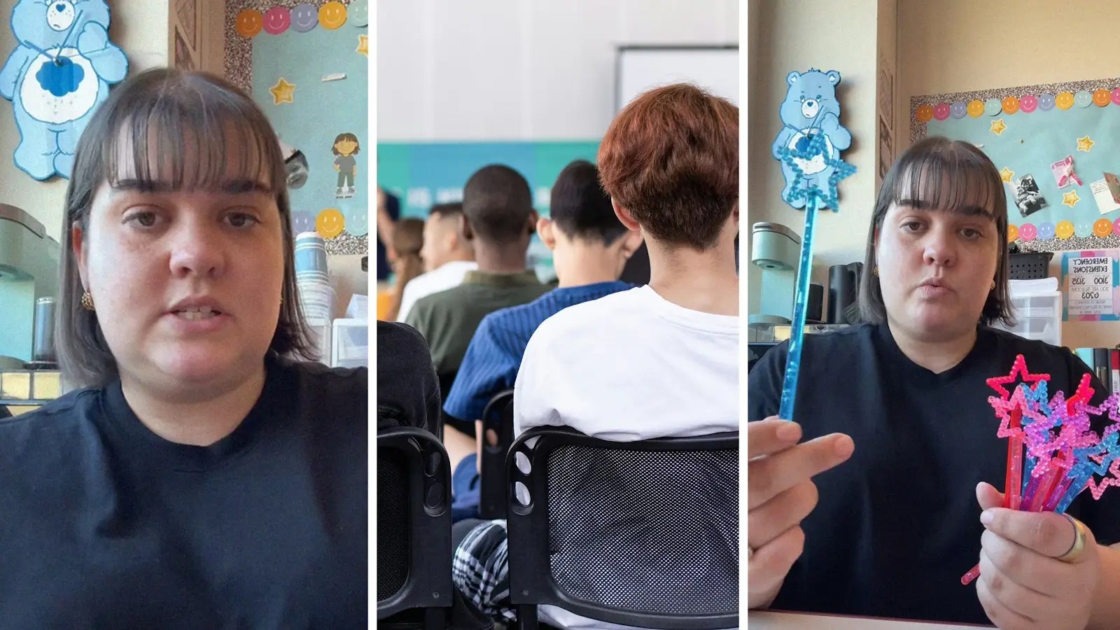 teacher shares class attitude (l) high school class (c) teacher holding up wand (r)