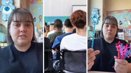 teacher shares class attitude (l) high school class (c) teacher holding up wand (r)