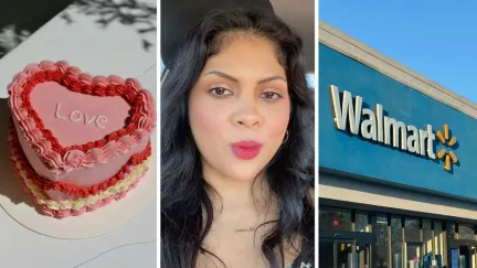 heart cake (l) woman shares purchase issue (c) walmart store front (r)