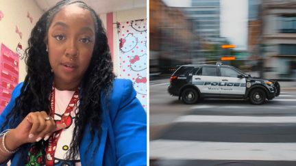 woman shares classroom issues (l) police car on the go (r)
