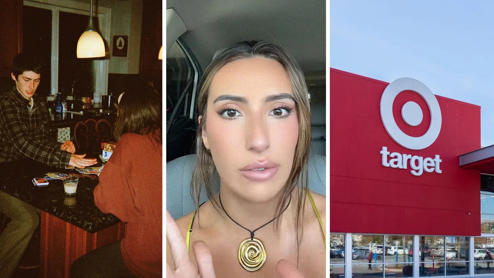 couple playing cards (l) woman shares game experience (c) target store front (r)