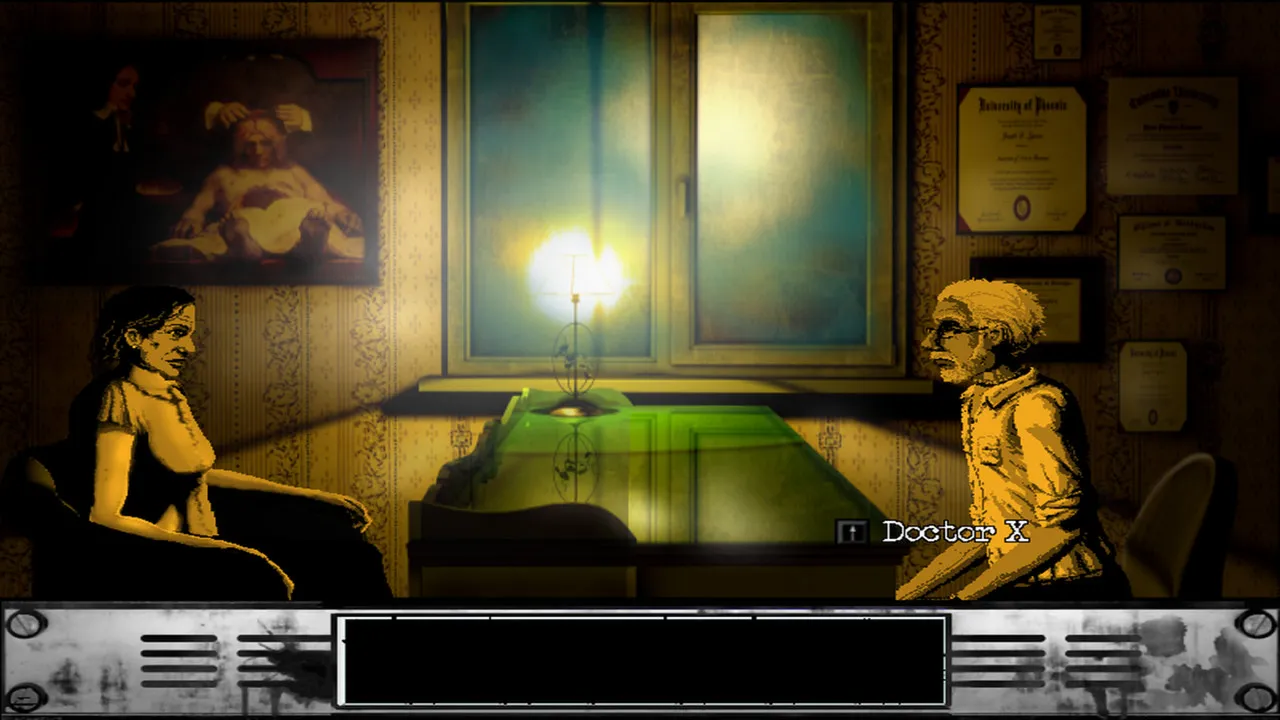 Still from "The Cat Lady" showing a woman talking to a doctor in a creepy office