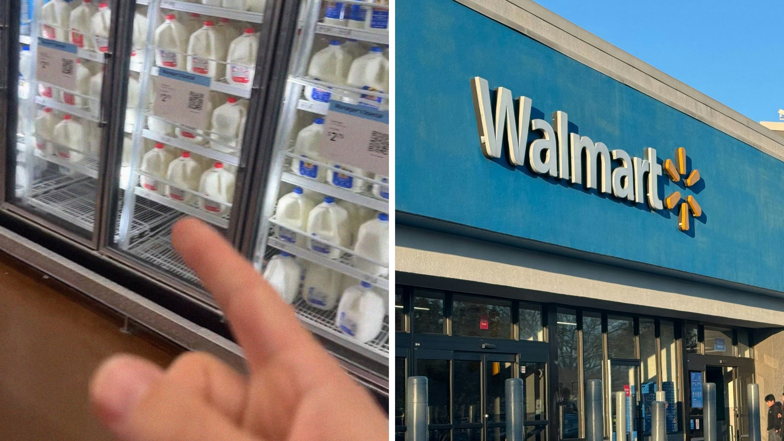 fridge with milk (l) walmart store front (r)