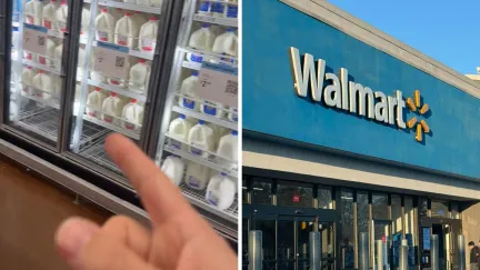 fridge with milk (l) walmart store front (r)