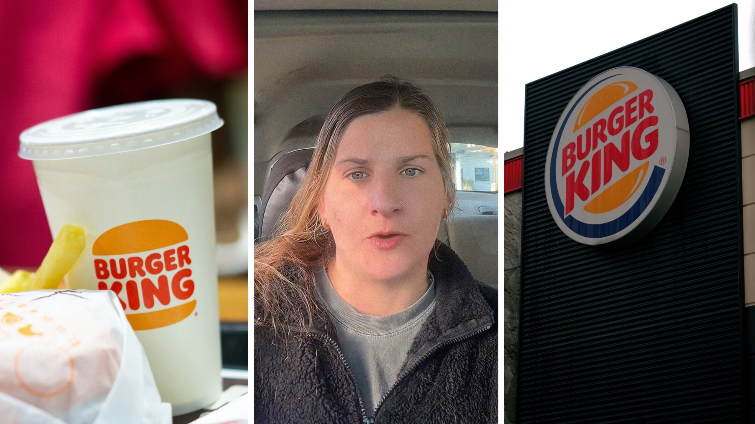 burger king drink (l) woman shares drink issue (c) burger king store front (r)