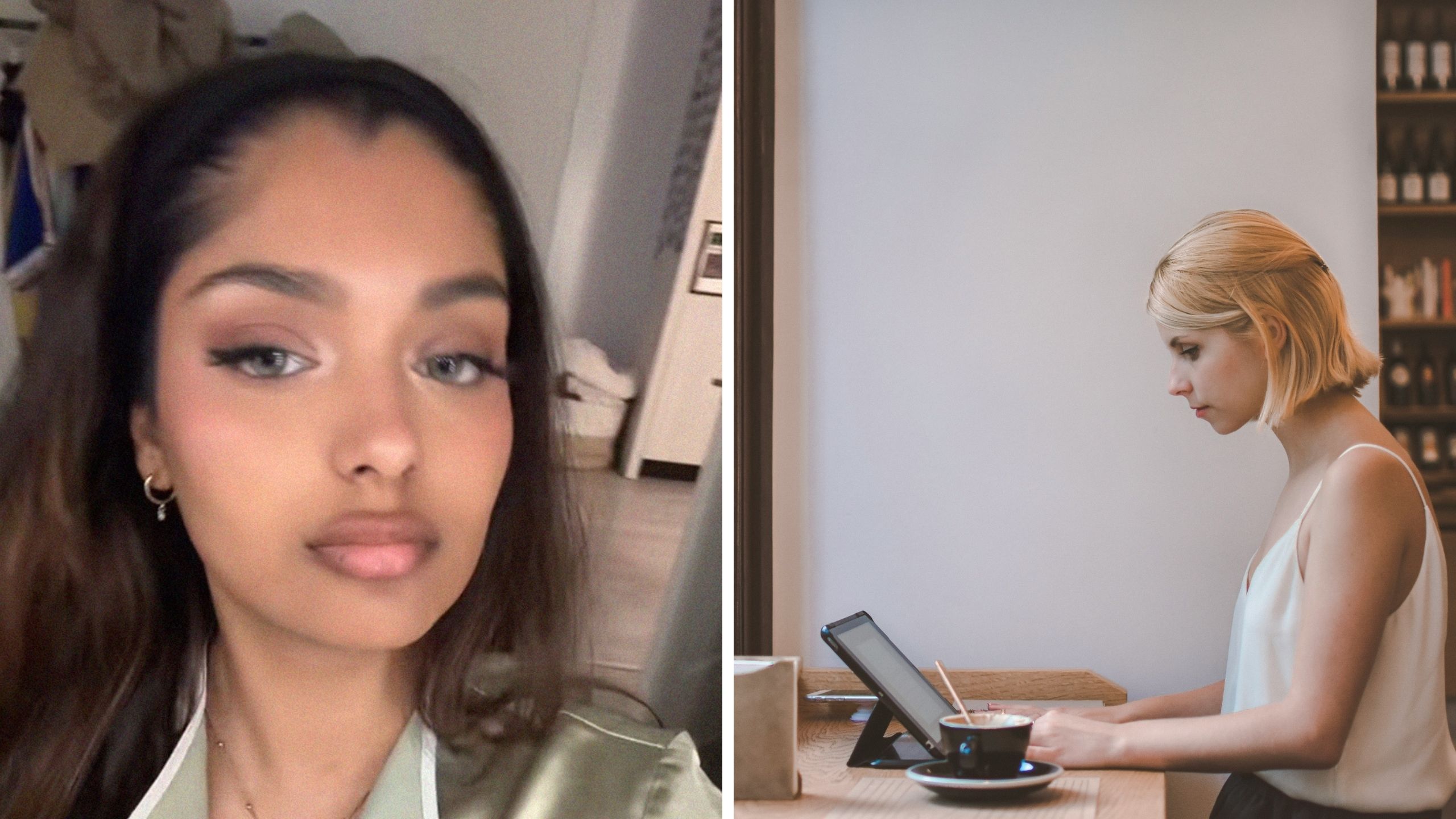 woman shares coffee shop experience (l) woman at coffee shop using ipad (r)