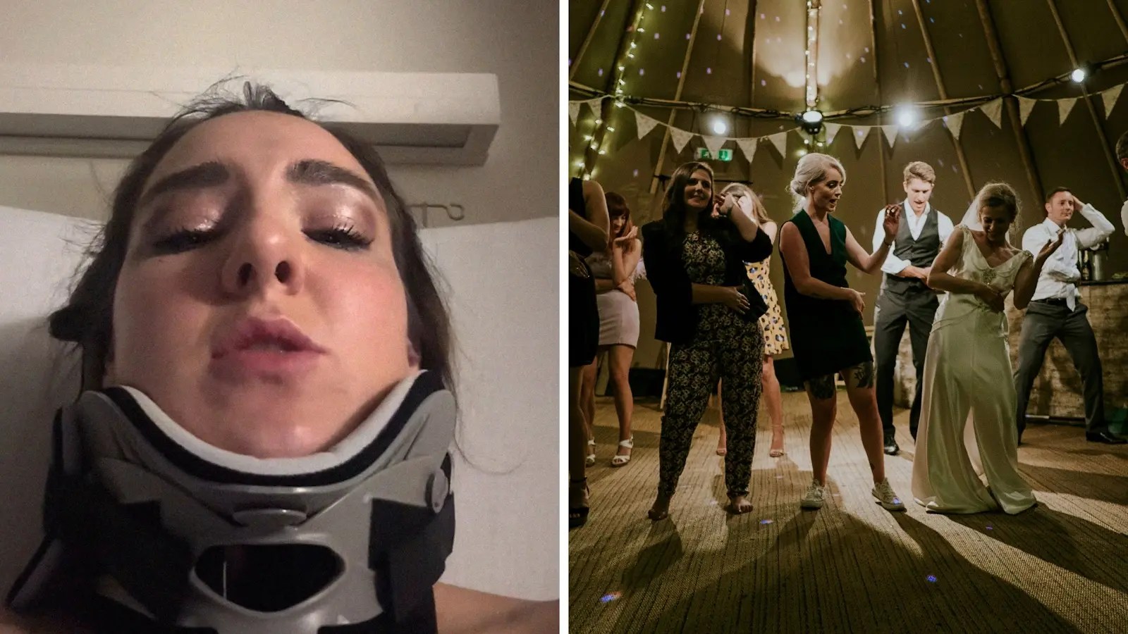 woman shares party story (l) crowd dancing (r)