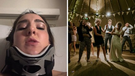 woman shares party story (l) crowd dancing (r)