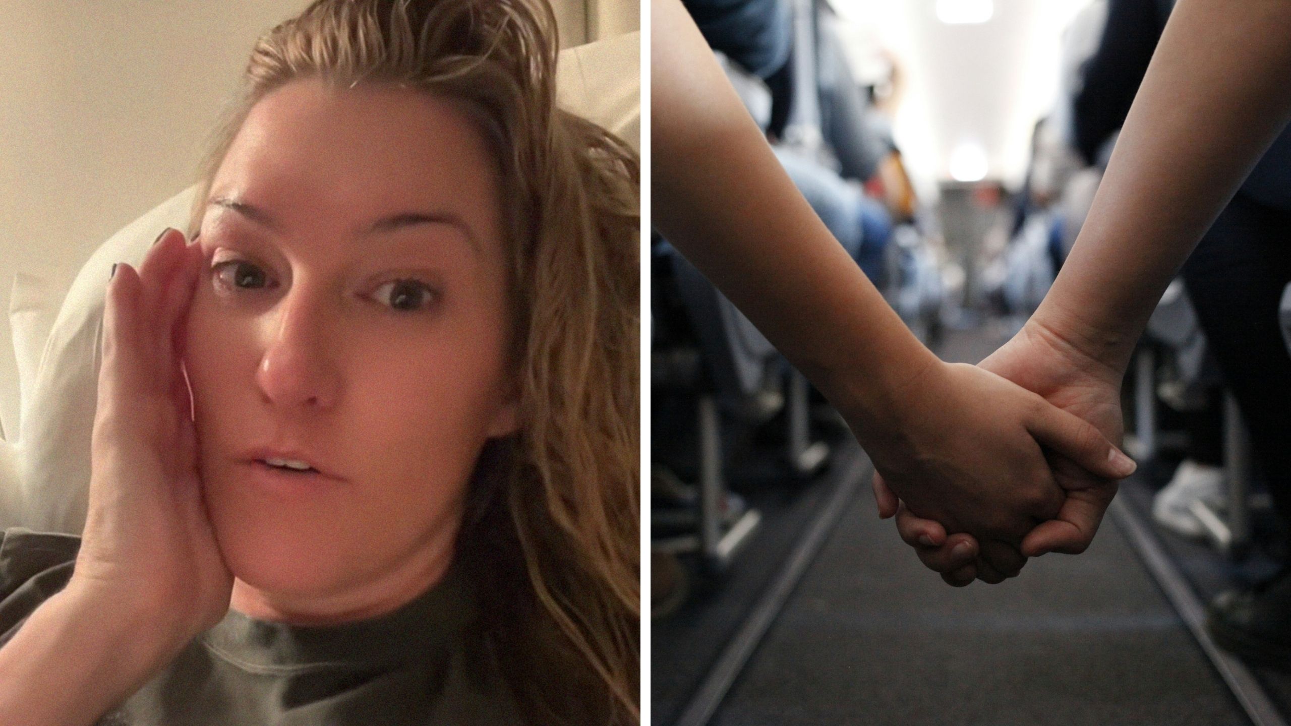 woman shares flight experience (l) couple in plane (r)