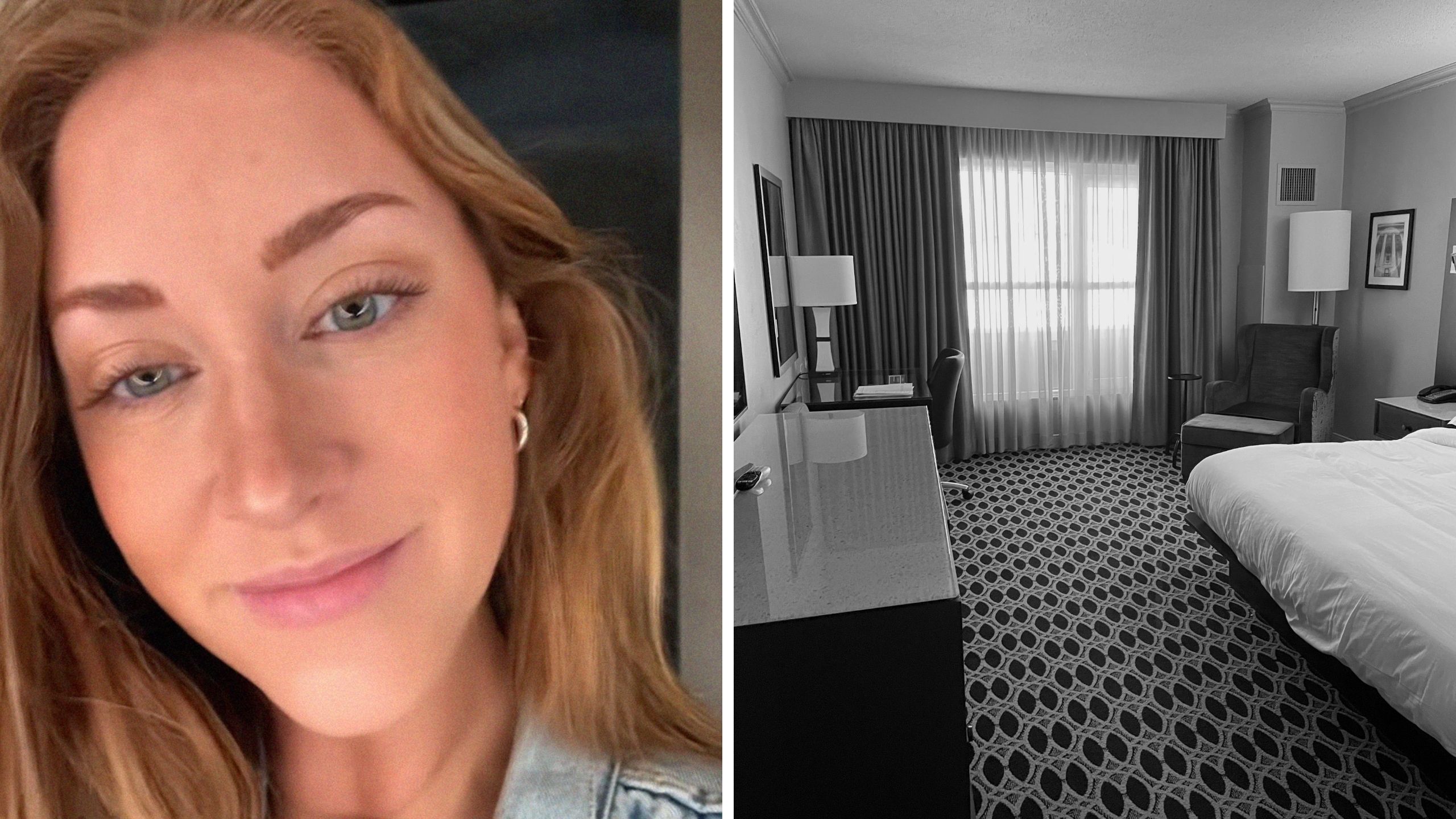 woman shows her hotel room (l) gray hotel room (r)