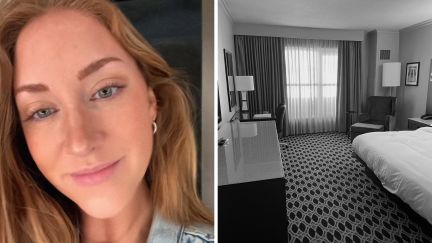 woman shows her hotel room (l) gray hotel room (r)