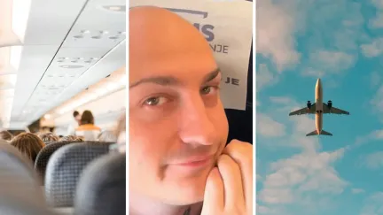 plane seats (l) man shares flight surprise (c) flight (r)