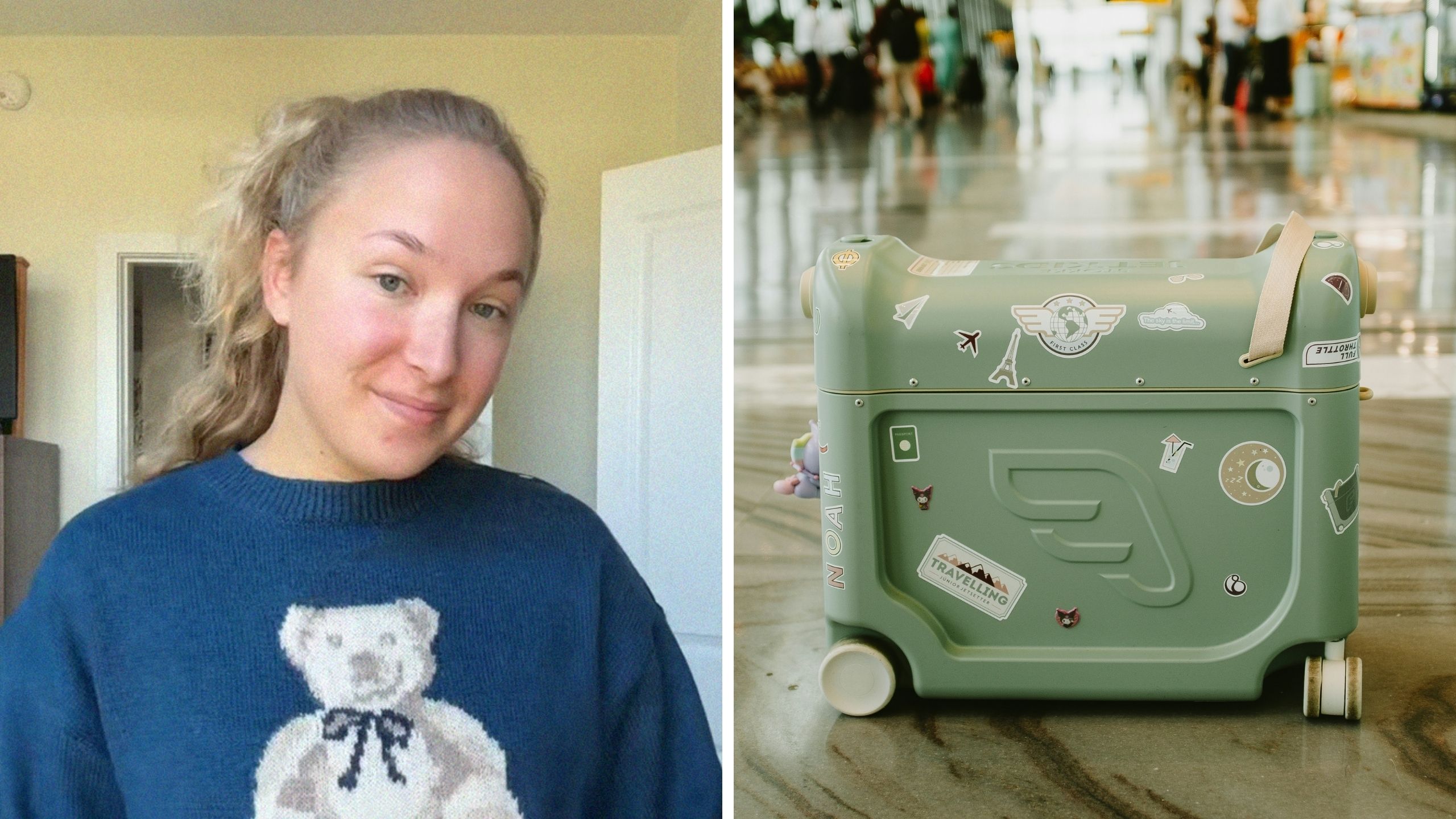 woman shares airport scenario (l) bag at airport (r)