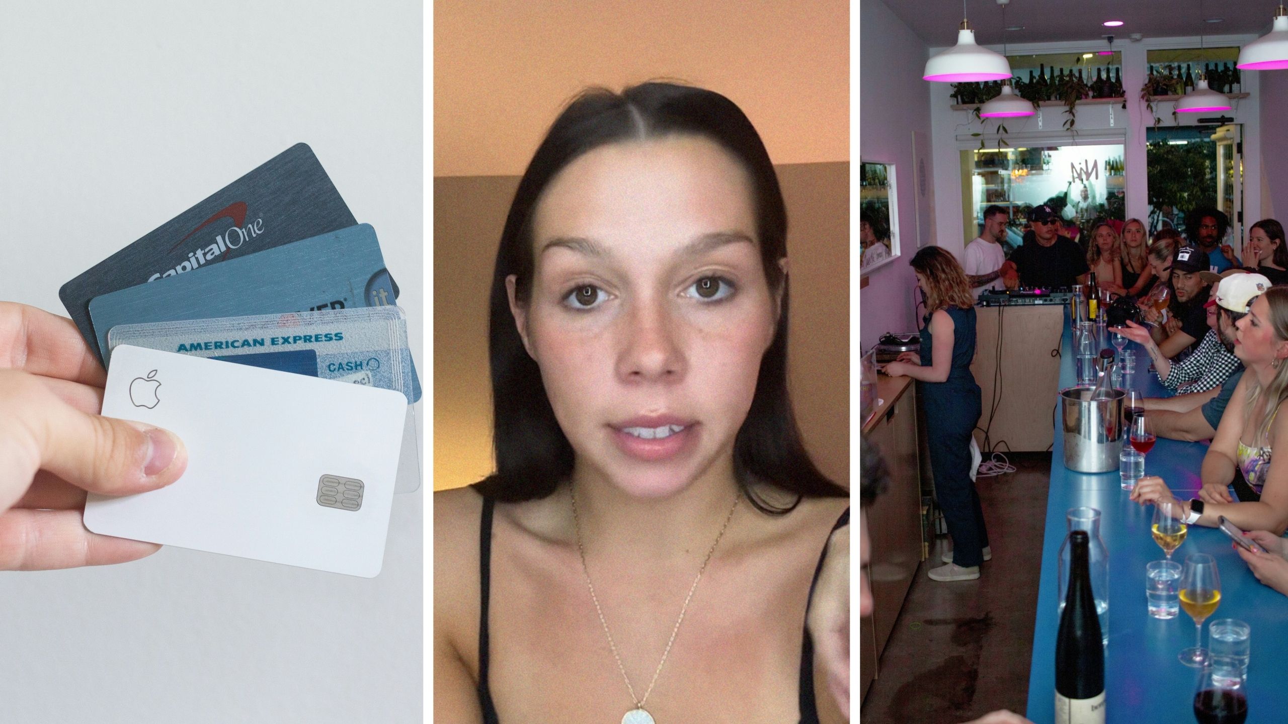 credit cards on hand (l) woman shares bar experience (c) crowded bar counter (r)