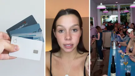 credit cards on hand (l) woman shares bar experience (c) crowded bar counter (r)