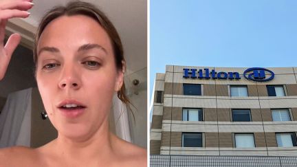woman shares hilton experience (l) hilton logo (r)