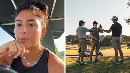 woman shares work issues (l) golfers drinking (r)
