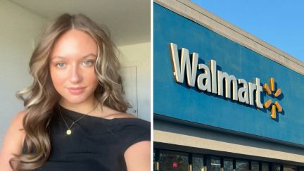woman shows off her skills (l) walmart store front (r)