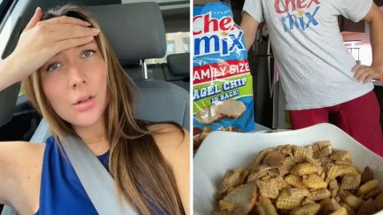 woman shares how she got her snack (l) chex mix (r)