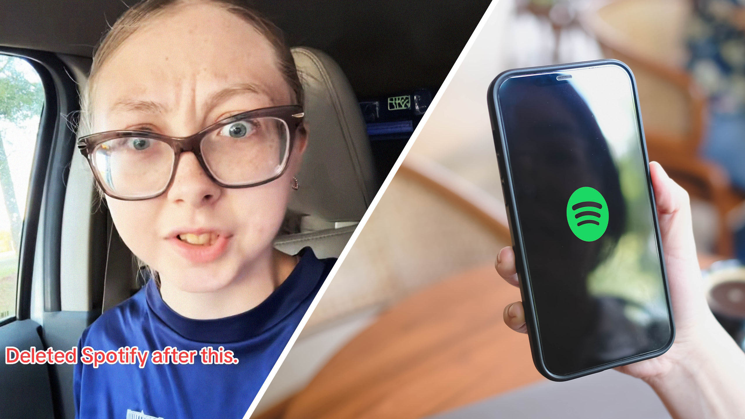 Woman explaining reason for cancelling Spotify account(l) Woman holding iPhone with Spotify app launched(r)