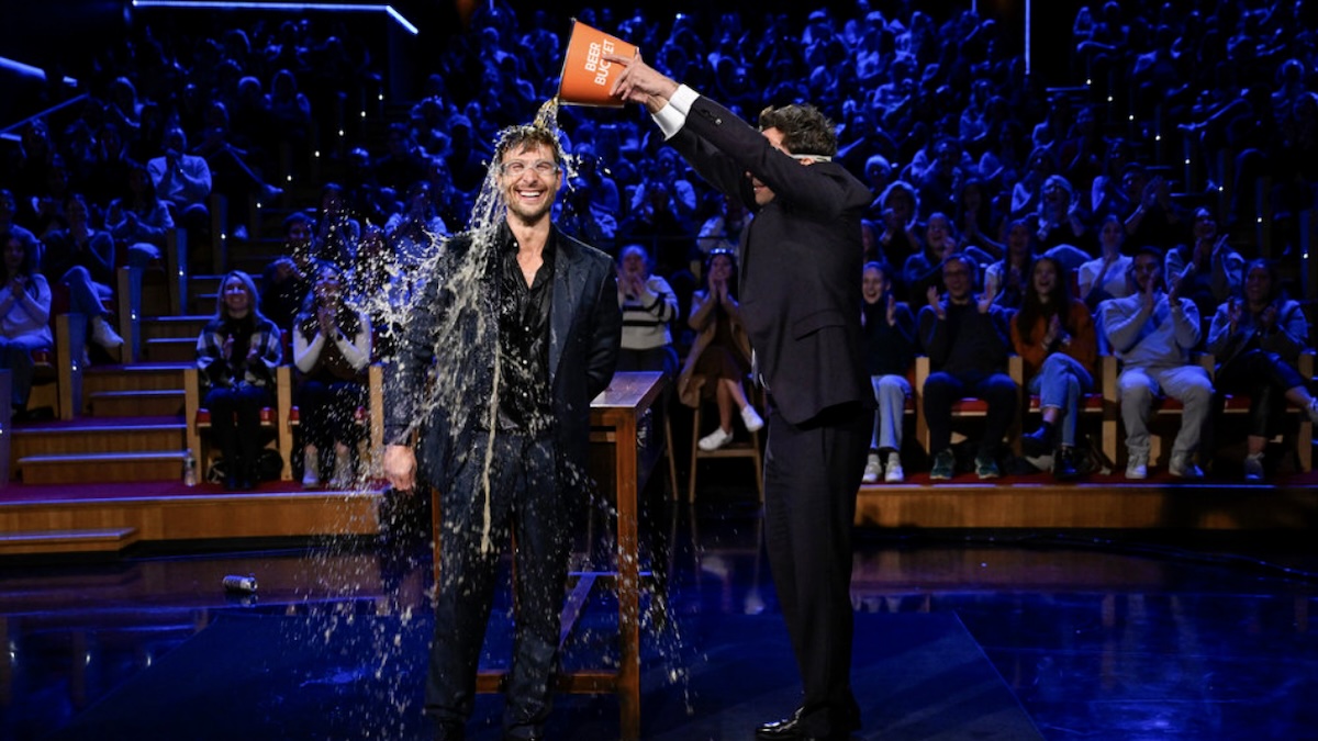 glen powell getting beer poured on him