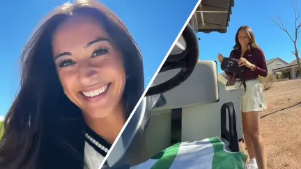 close up of woman smiling(l) View of golf cart girl holding bag(r)