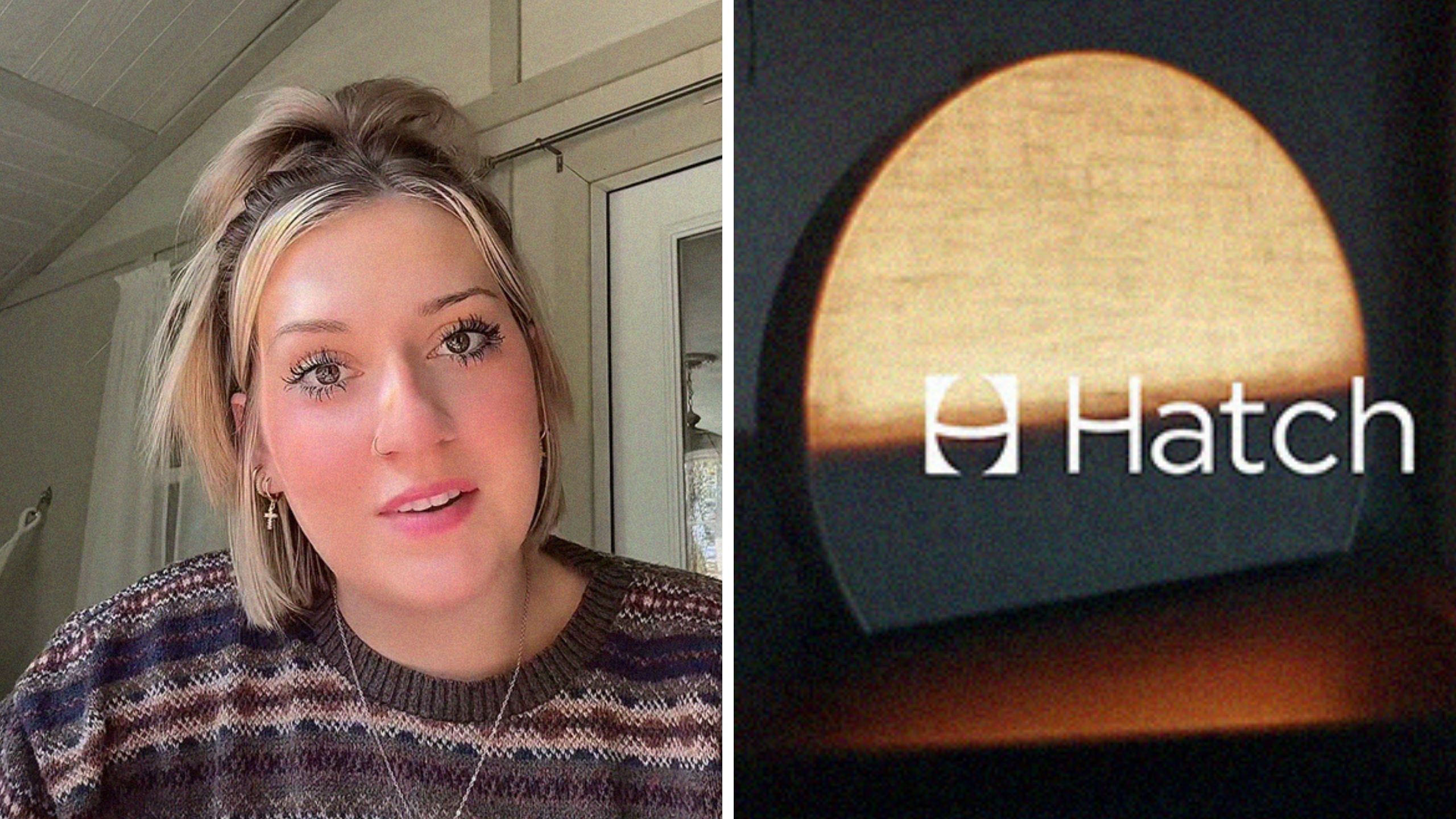 woman shares hatch opinion (l) hatch sound machine (r)