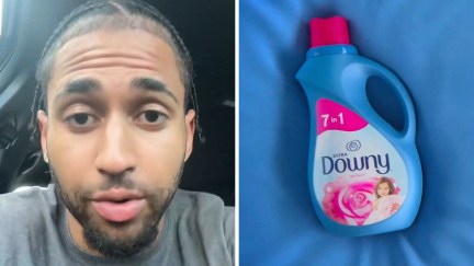 man shows how to get money worth when shopping (l) downy (r)