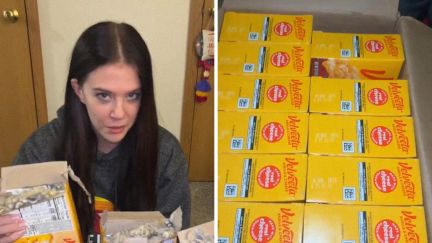 woman shares food issue (l) velveeta boxes (r)