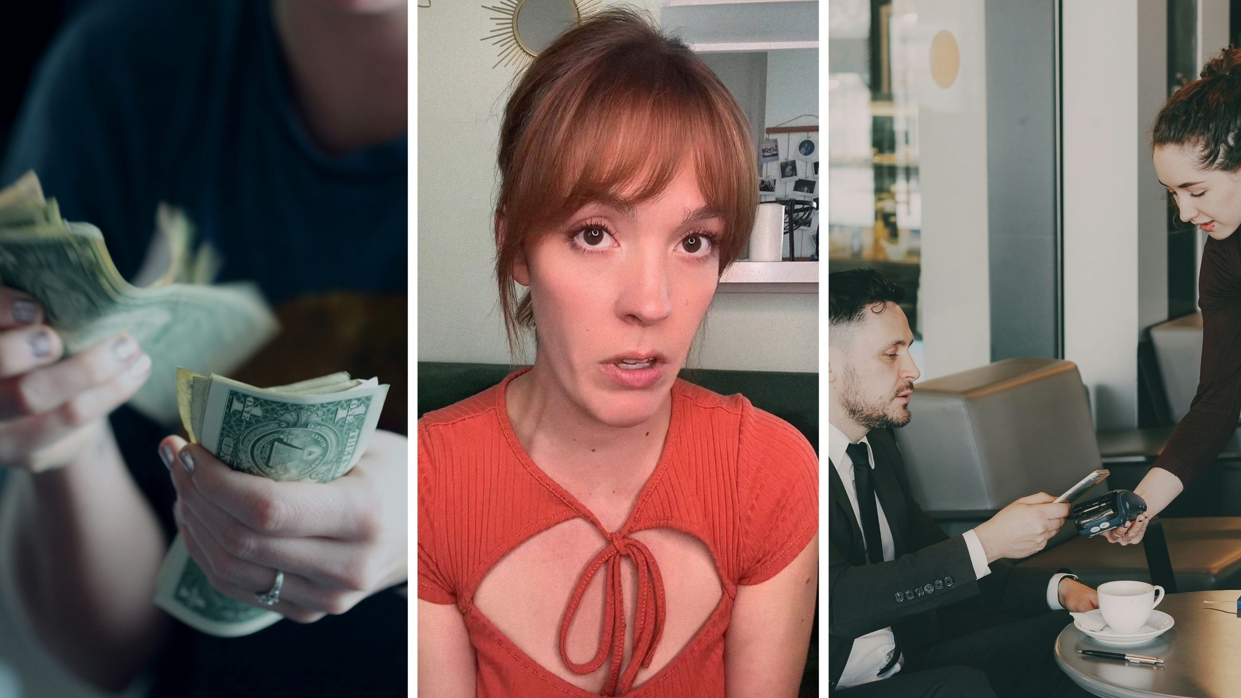 counting money (l) woman shares work experiences (c) paying the bill (r)