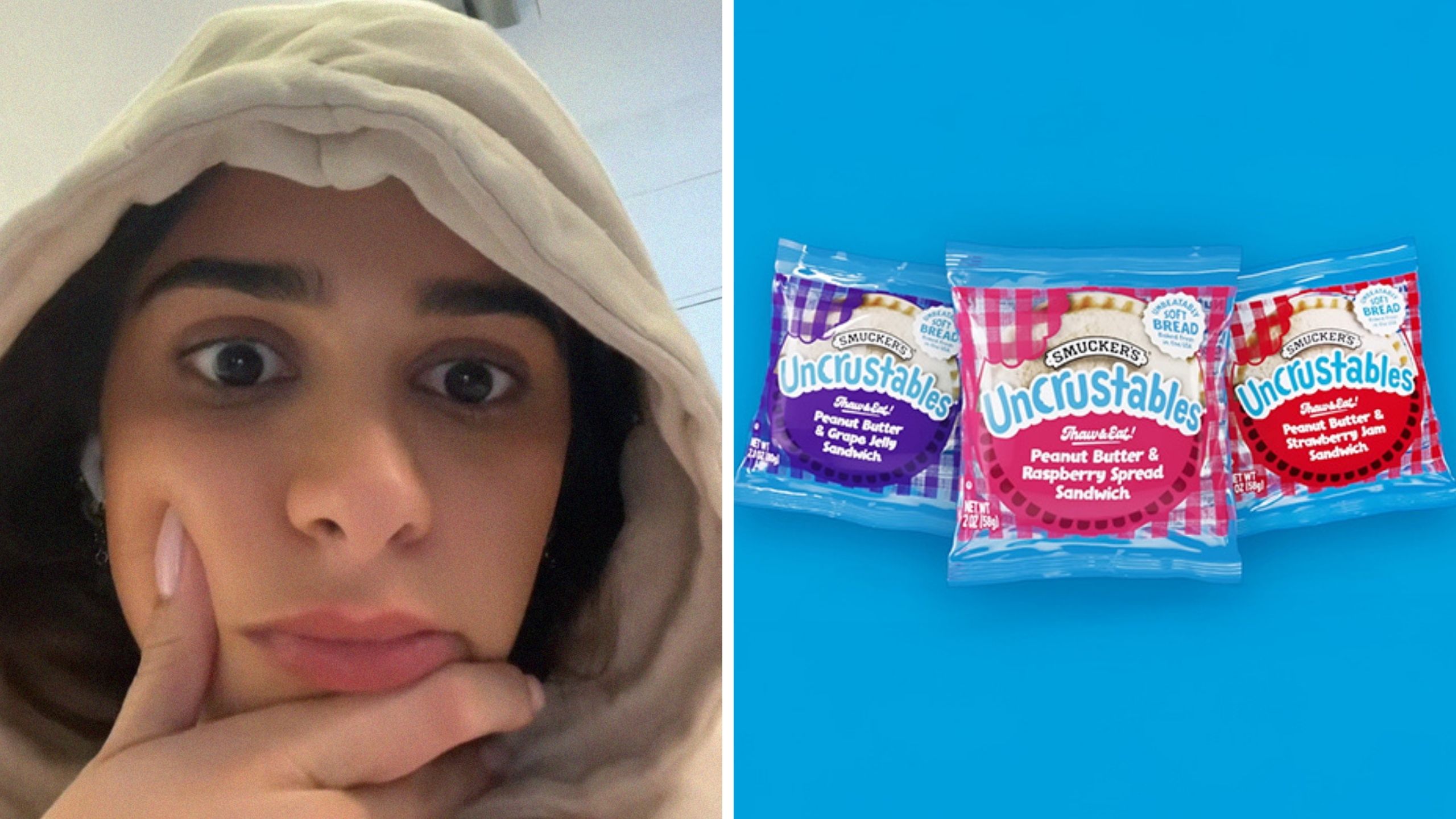 woman shares flight experience (l) uncrustables (r)