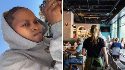 woman shares eating out experience (l) host in restaurant (r)