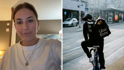 woman shares uber eats experience (l) uber eats runner (r)